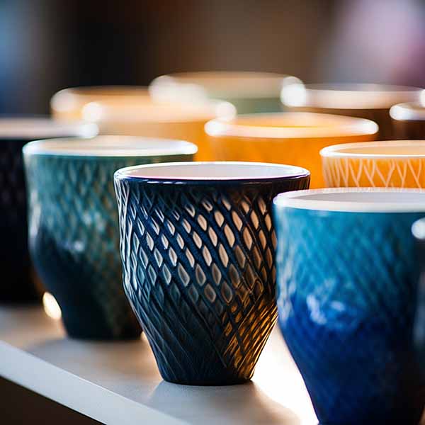 tazas decorativas de ceramica en colores celestes y amarillo elegantes